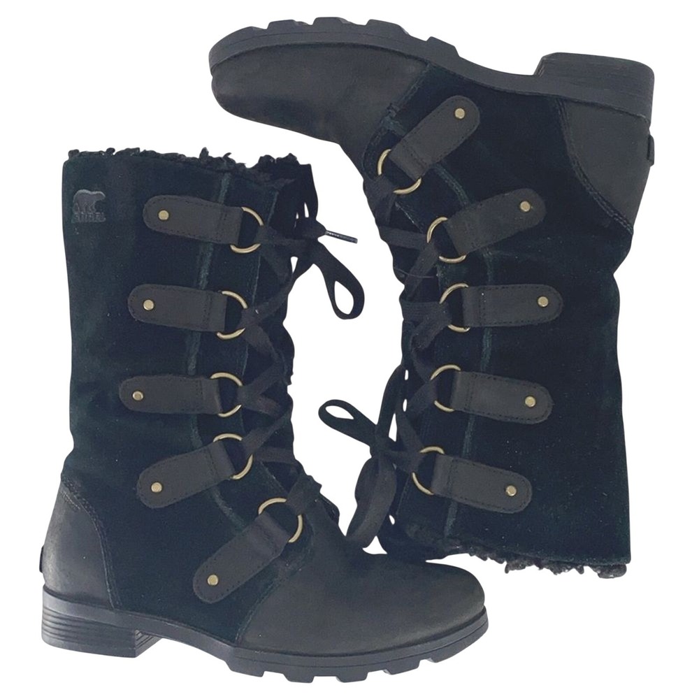 Sorel Emelie Lace Boots‎ Womens Black Leather Waterproof Combat 7.5 NL2680-010